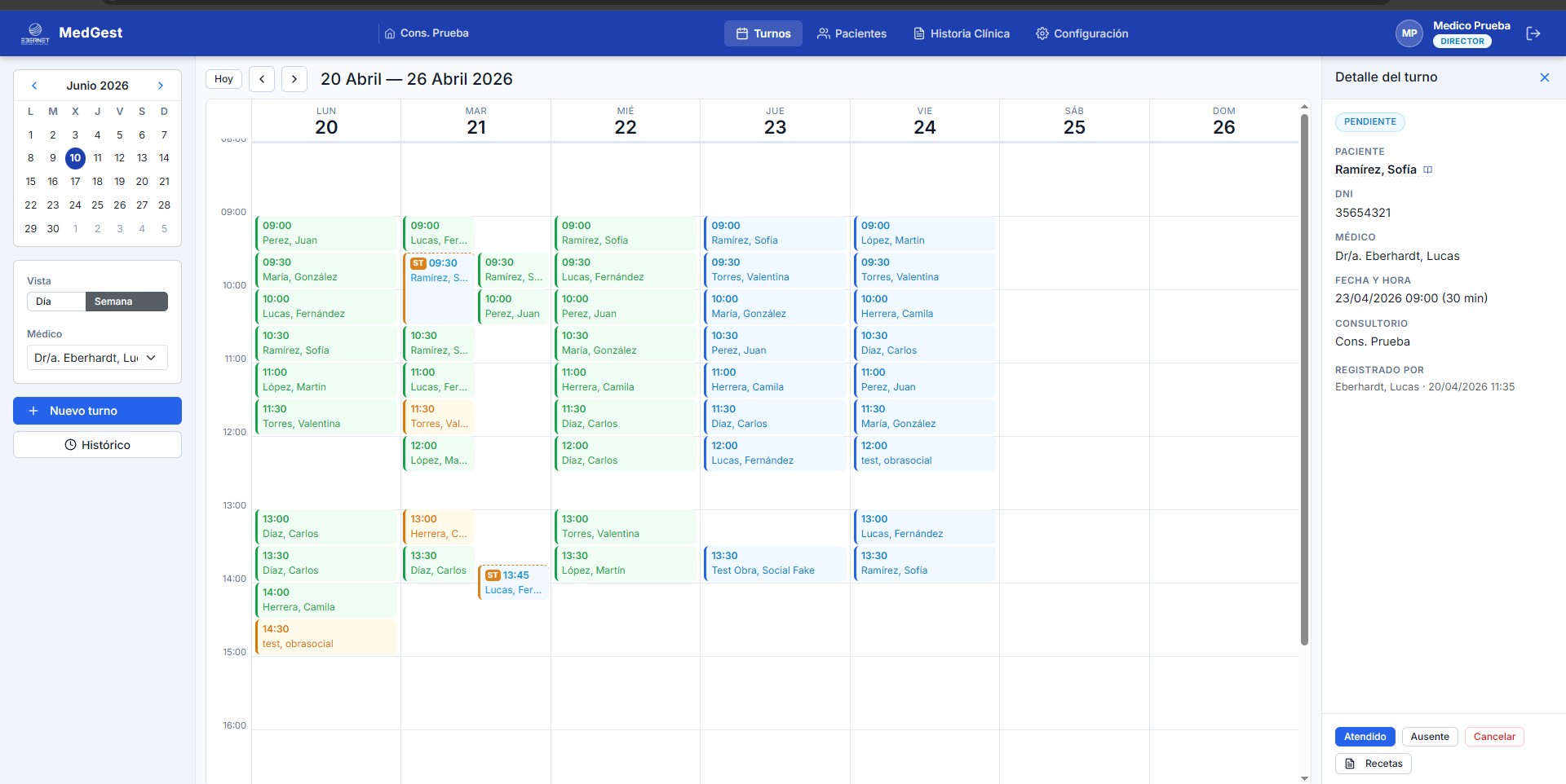 Agenda semanal con detalle de turno