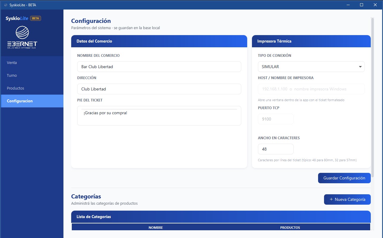 Pantalla de configuración en SyskioLite