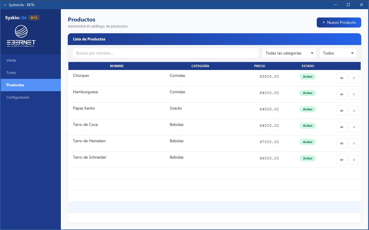 Pantalla de productos en SyskioLite
