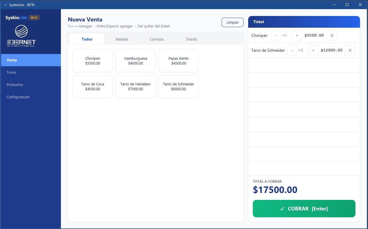 Pantalla de nueva venta en SyskioLite